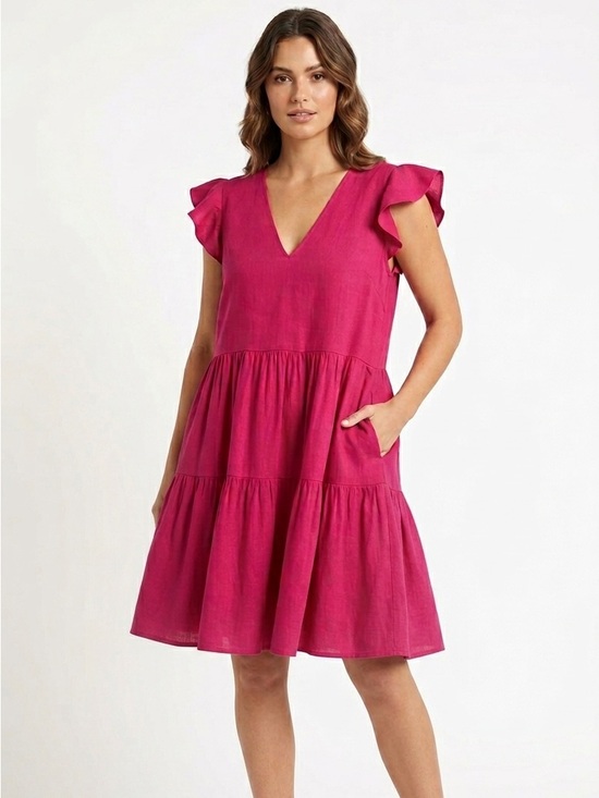ANTONIO MELANI Dresses & Skirts - ANTONIO MELANI Linen Hot Pink Flutter Sleeve Tiered Mini Dress size M